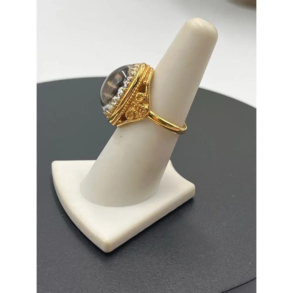 D'Orlan Style Vintage Gray Glass‎ Domed Cabochon Cocktail Ring Gold Plated Sz 7